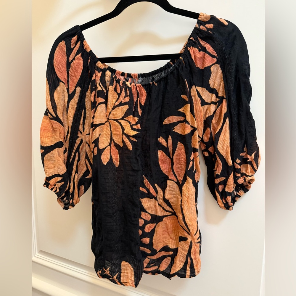Anthropologie Orange and Black Relaxed Off The Shoulder Puffed Sleeve Blouse - Picture 6 of 11